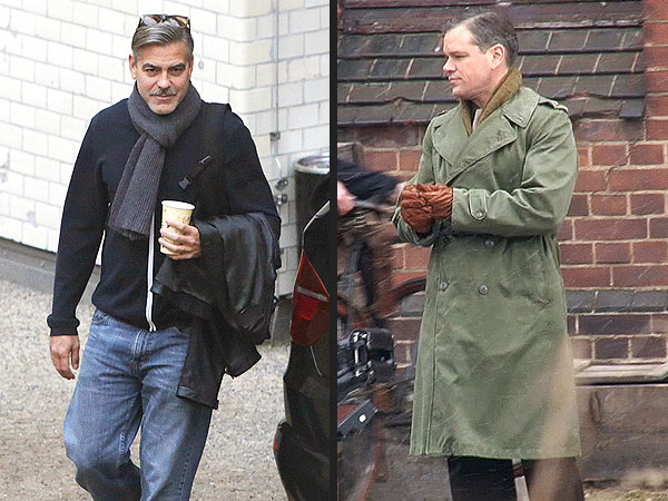 George Clooney, Matt Damon Snowball Fight in Berlin on Monuments Men Set