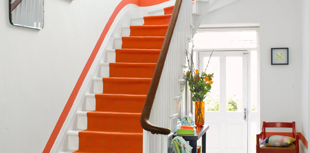 stairway with stripe of orange paint as trim effect, paint idea
