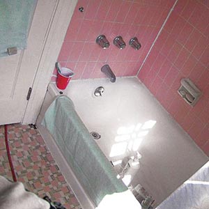 bathroom with ugly, old pink tile