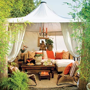 a gazebo with a fabric roof