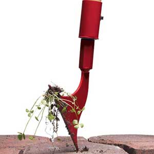 a hoe lifting up a weed from off concrete pavers