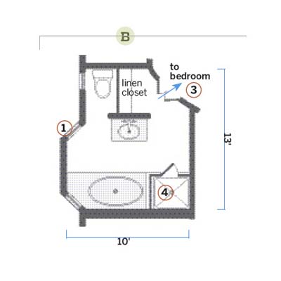 Before floor plan of 1980s bath that was renovated