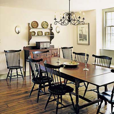 Tavern table, cherry sideboard, painted bible box and redware pottery at Ravenroyd