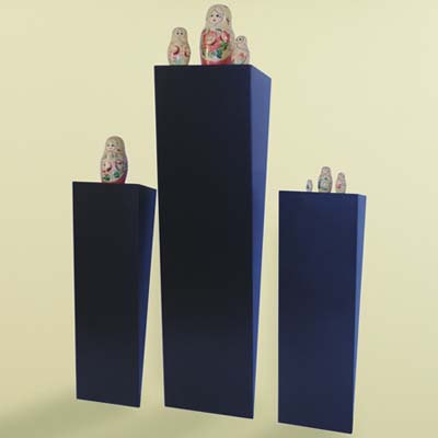 display shelves, blue, wedge-shaped, Russian dolls