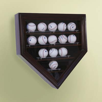 display case, wood-framed glass case, baseballs, home plate shaped