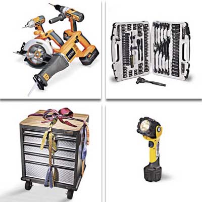 garage workshop organizer, cordless recip saw, heavy-duty flashlight, and a ratchet set