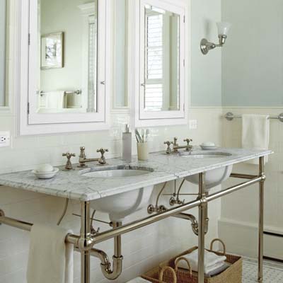 vintage-look console double sink and medicine cabinets
