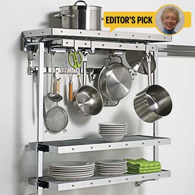 stainless steel open shelving, pots, pans, utensils, editor's pick, Colette Scanlon