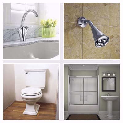 kitchen faucet, showerhead, toilet, bath sink and shower door