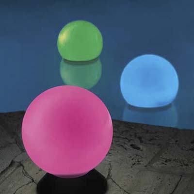 solar-powered light orbs which slowly turn from blue to pink to red to green