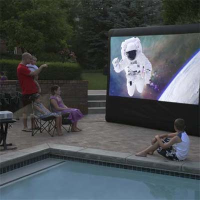 complete outdoor cinema package with inflatable screen, digital projector, sound mixer, dvd player, LED light, cables, carrying case and blower fan