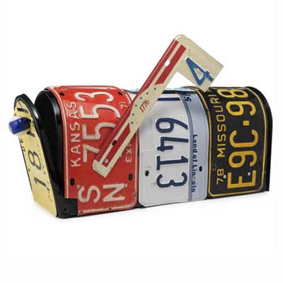 iconic mailboxes made from all recycled materials including license plates and billiard balls