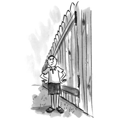 cartoon of disgruntled man standing next to very high fence