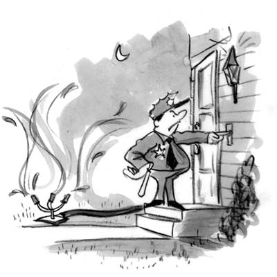 cartoon of angry policeman ringing bell of house where lawn is being watered at night