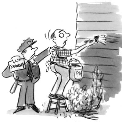 cartoon of police giving man ticket for painting house on Sunday