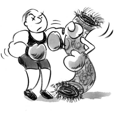 cartoon of man beating rug with boxing gloves