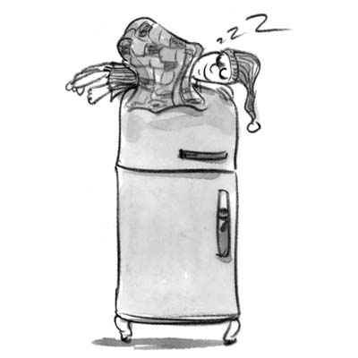 cartoon of man sleeping on top of a refrigerator