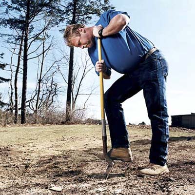 keep the shovel head perpendicular to the ground and use a concentrated push or stomp