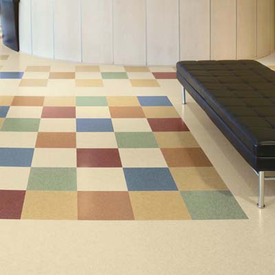 colorful tile flooring made from limestone and BioStride made by Armstrong