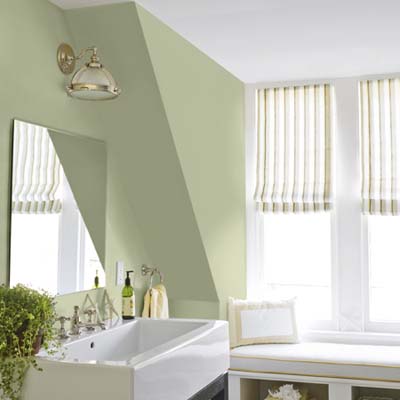 bathroom painted in a green/yellow hue which is a zero-VOC paint called Natura made by Benjamin Moore