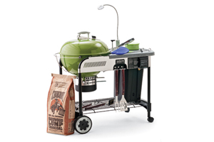 grill with charcoal, clip-on LED lamp and utensil set