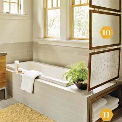 Room divider and towel cubby in bathroom 