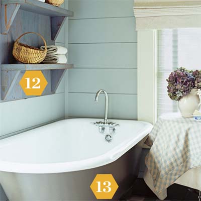 Bathroom with weathered shelving and two-tone tub 