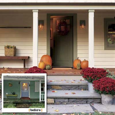 before and after views of the main entry of this farmhouse remodel