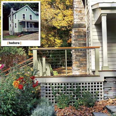 before and after views showing the use of stone veneer to improve the chimney of this farmhouse remodel
