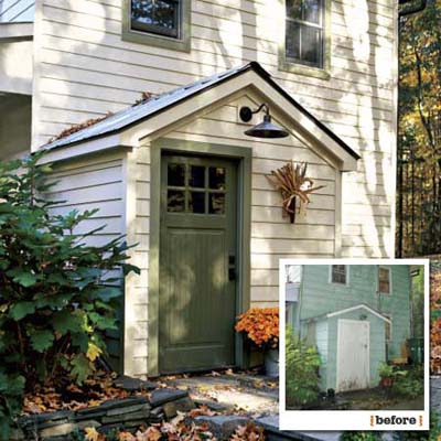 before and after views showing the new integration of the side entryway of this farmhouse remodel
