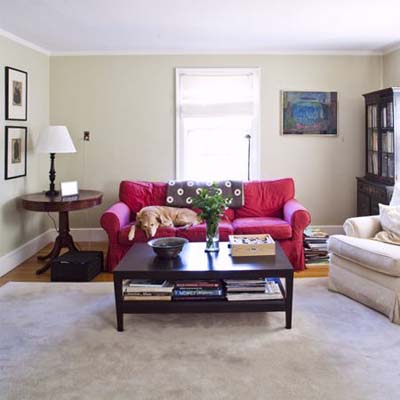 another view of the living area before remodel which operates as an office and a t v room with the family dog lying comfortably on a couch