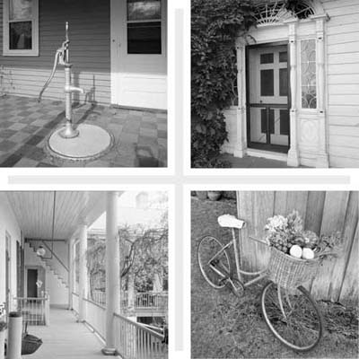 composite image of a hand pump for water, a screen door, a deep porch and a bike with a basket full of fresh vegetables