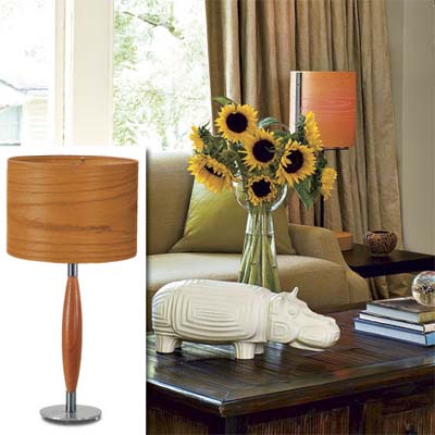 wood grain lampshade inset in photo of remodeled bungalow living room