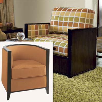wood frame chair inset in photo of remodeled bungalow living room