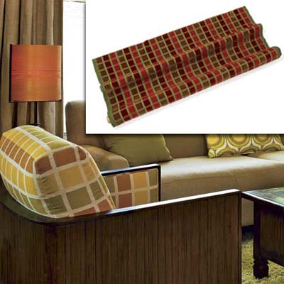 geometric pattern fabric used in remodel of bungalow living room