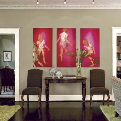 rugs used to separate areas of this remodeled bungalow living room