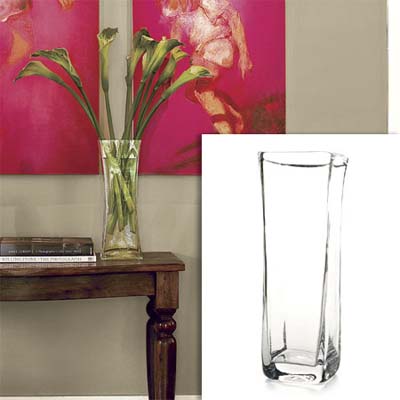 square glass vase inset in photo of this remodeled bungalow living room