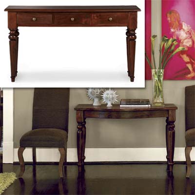 mango wood dover console table inset in photo of this remodeled bungalow living room