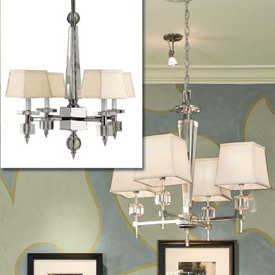 four-light crystal chandelier inset in photo of this remodeled bungalow living room