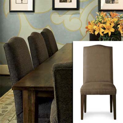 camelback side chair in brown oak  inset in photo of this remodeled bungalow living room