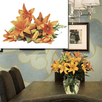 fresh flower bouquet inset in photo of this remodeled bungalow living room