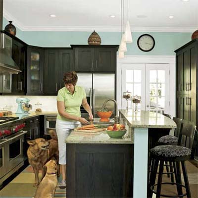 woman and dogs gathered in remodeled bungalow kitchen