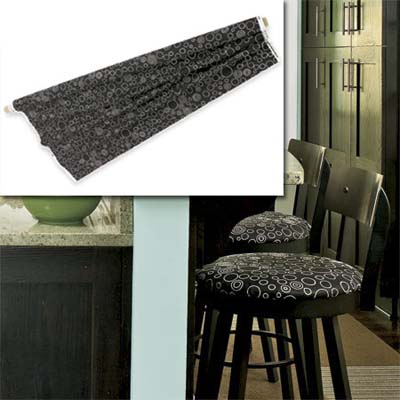 Mojo black-and-white cotton fabric inset in image of remodeled bungalow kitchen