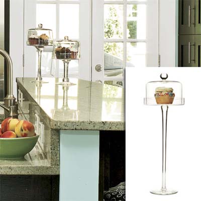 Glass pastry stand inset in image of remodeled bungalow kitchen