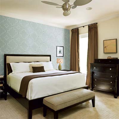 patterned and textured bedroom of this remodeled bungalow