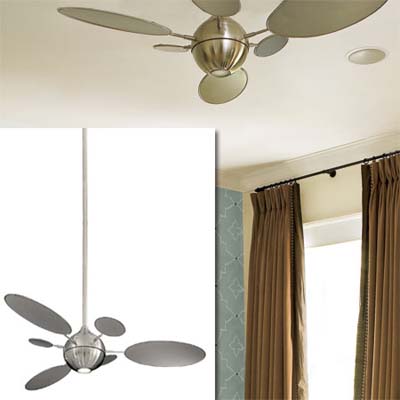 brushed nickel fan with light inset in image of this remodeled bungalow bedroom