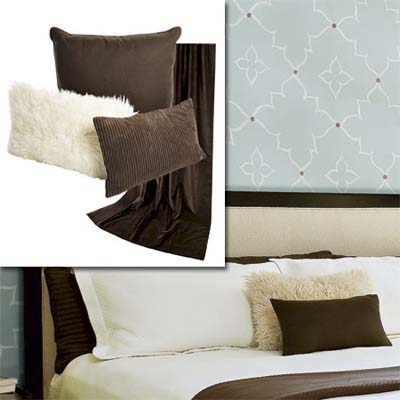 soft textured pillow covers and luxe drapes inset in image of this remodeled bungalow bedroom