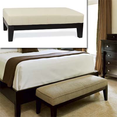 large cocktail ottoman  inset in image of this remodeled bungalow bedroom