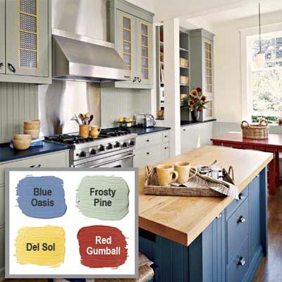 this kitchen creates balance with a sixty thirty ten distribution of colors