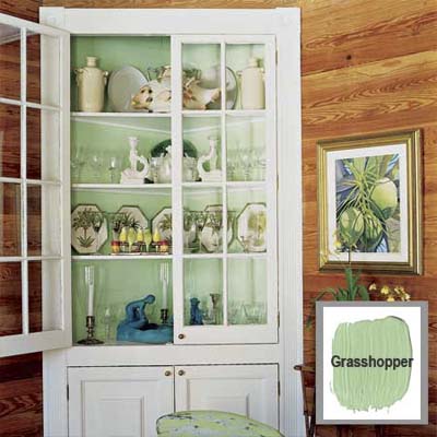 color inside a corner cupboard helps highlight the collection it displays